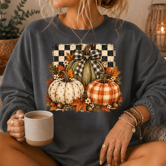 Pumpkin Plaid Bow Floral Crewneck Sweatshirt