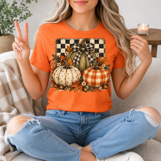 Rustic Fall Pumpkin Trio & Gingham Bow Graphic Tee