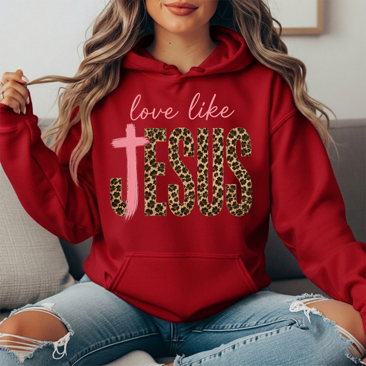 Love Like Jesus Leopard Print Cross Graphic Hoodie