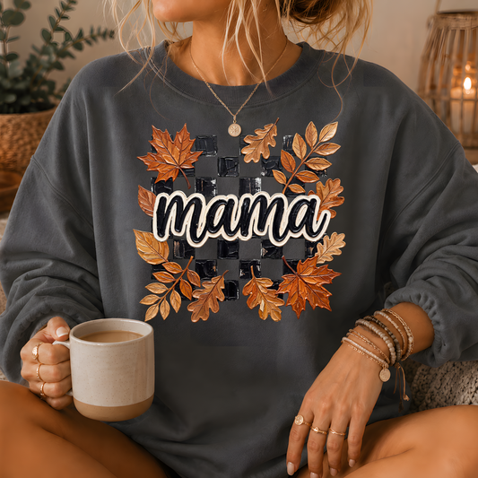 Mama Fall Leaves Checkerboard Crewneck Sweatshirt
