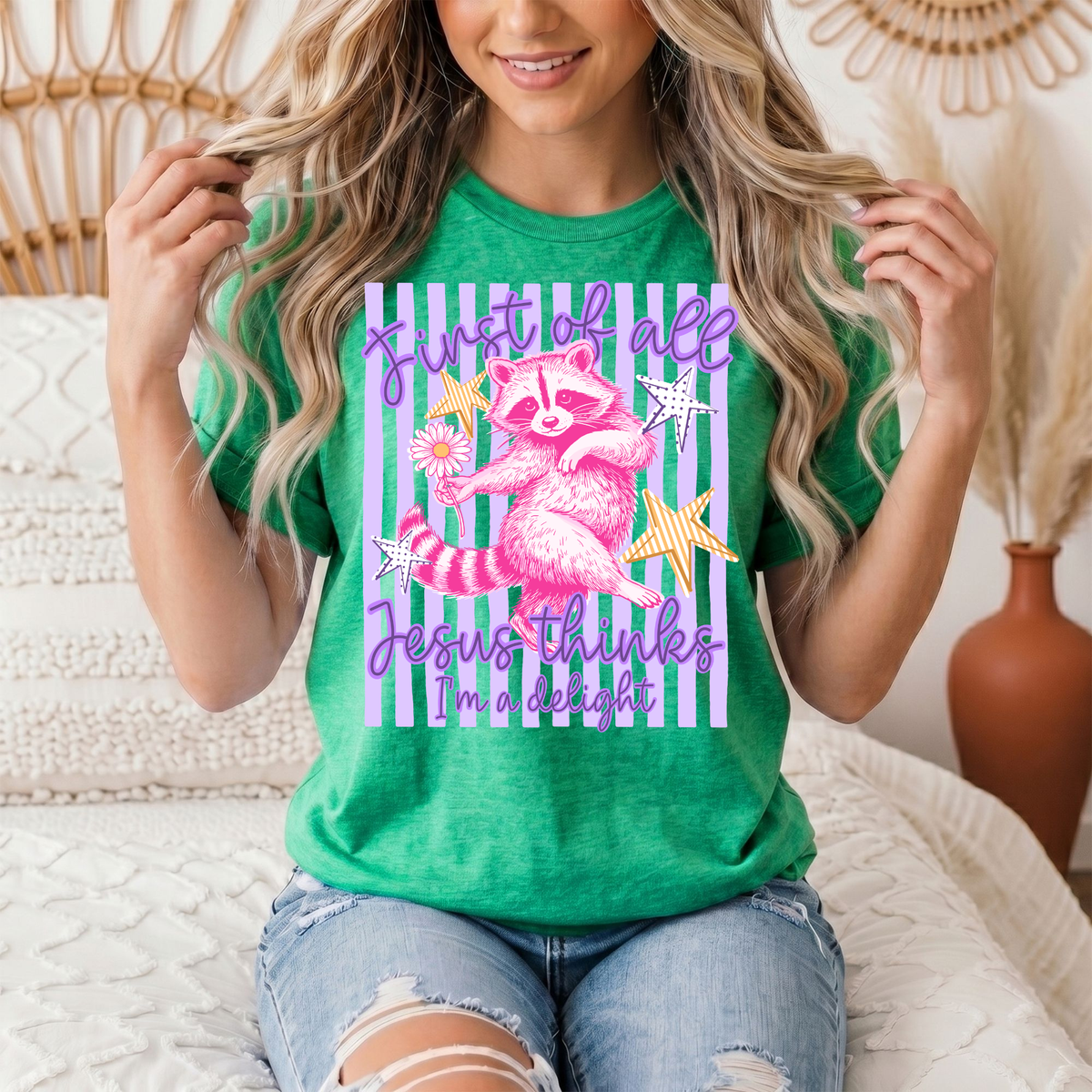 Jesus Thinks I'm a Delight Pink Raccoon Graphic Tee