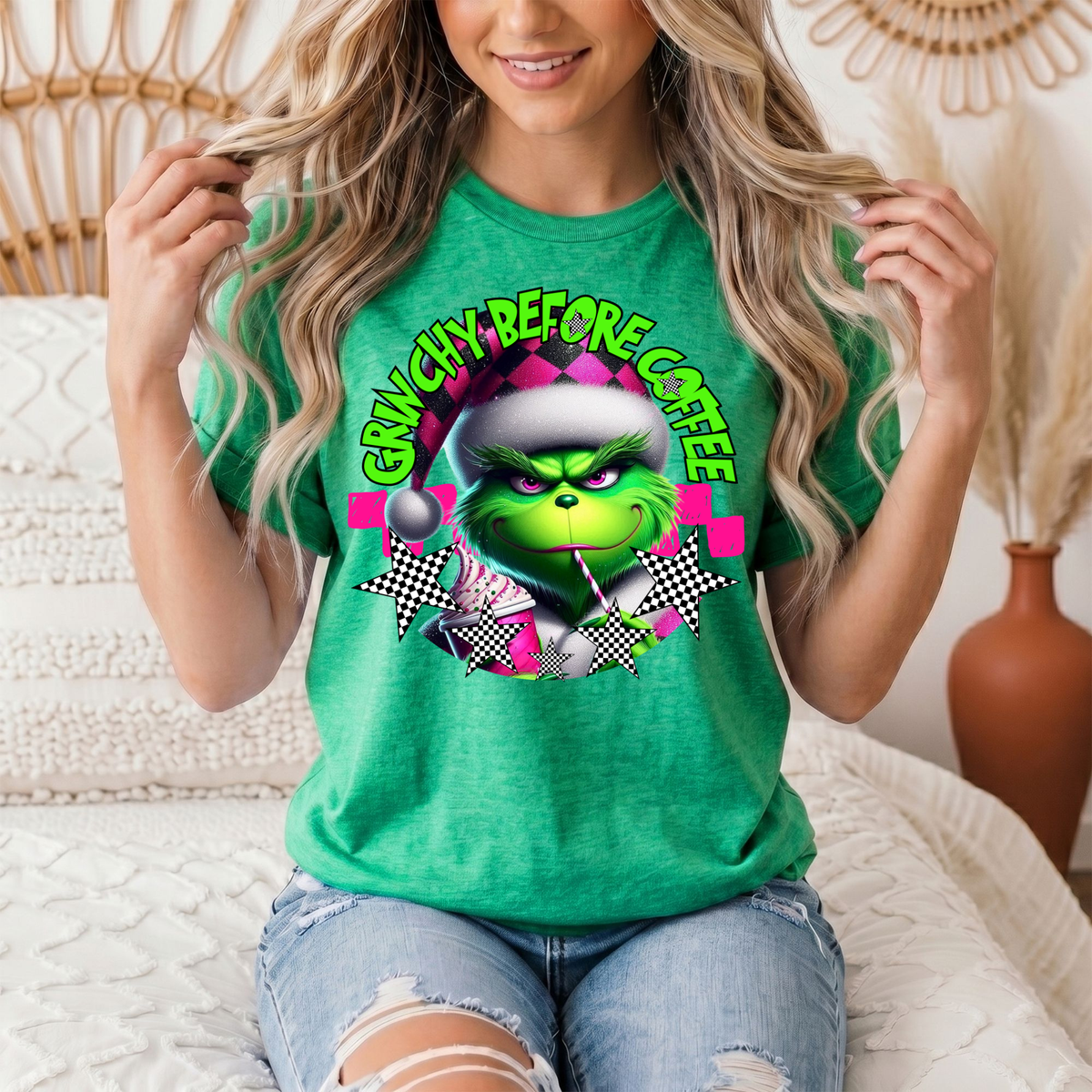 Grinchy Before Coffee Pink Checkerboard Christmas Graphic Tee