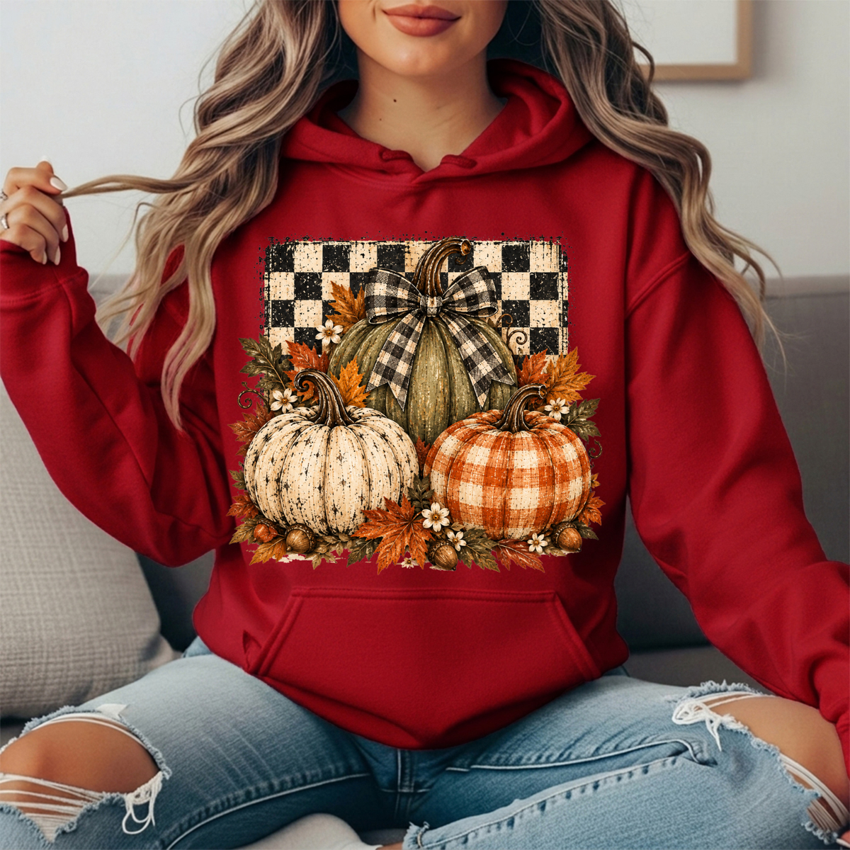 Rustic Fall Pumpkins Buffalo Check Bow Graphic Hoodie