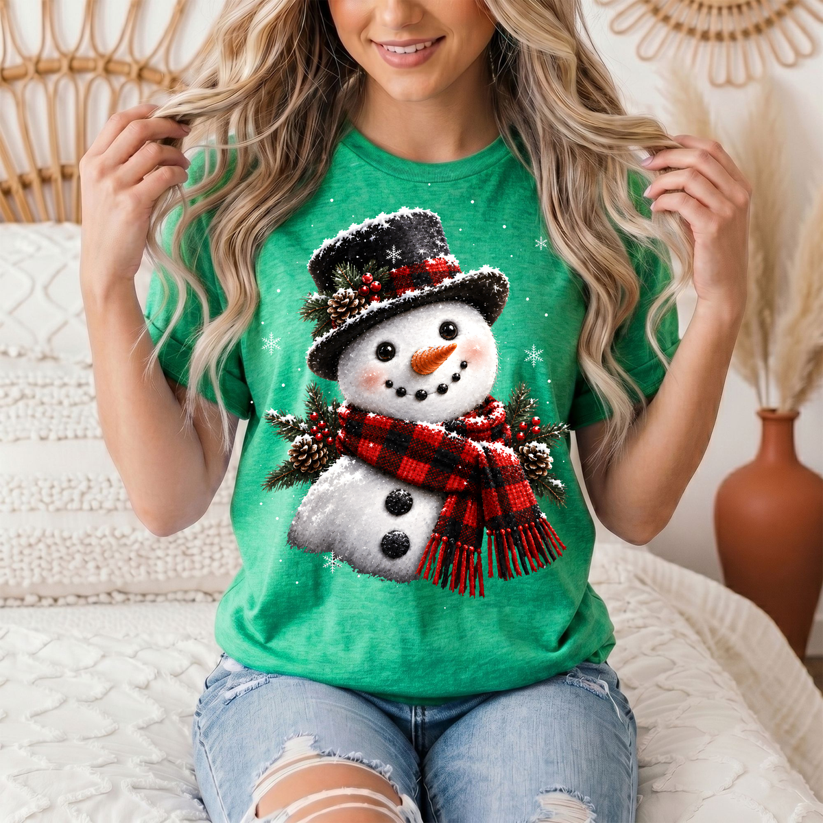 Snowman Buffalo Plaid Scarf Christmas Graphic Tee