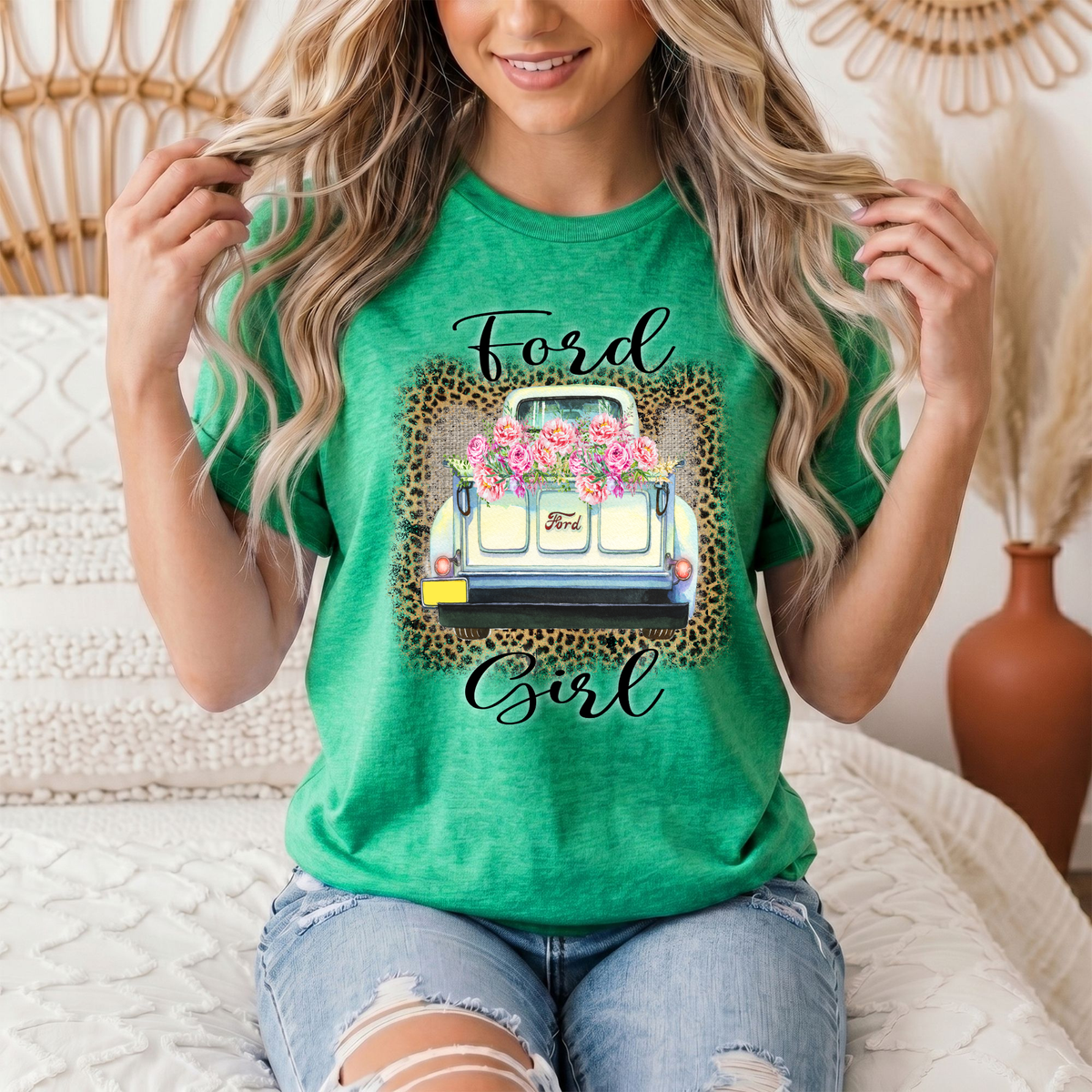 Ford Girl Floral Vintage Truck & Leopard Graphic Tee