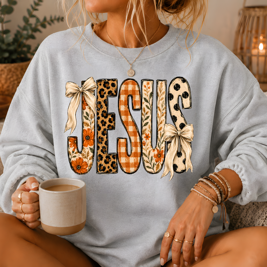 Jesus Mixed Print Bow Crewneck Sweatshirt