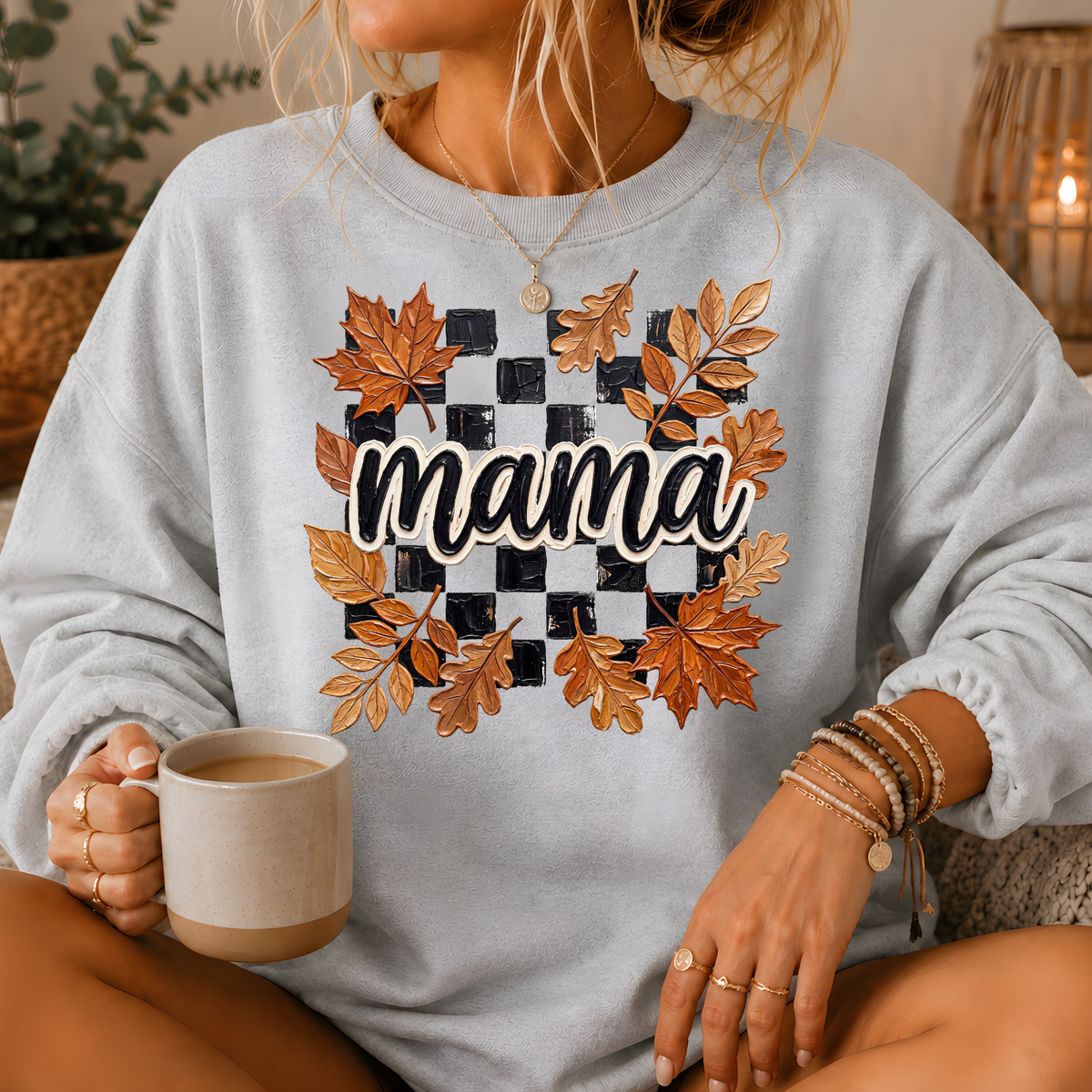 Mama Fall Leaves Checkerboard Crewneck Sweatshirt
