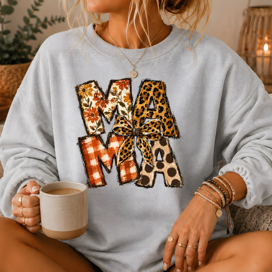Mama Mixed Print Bow Crewneck Sweatshirt