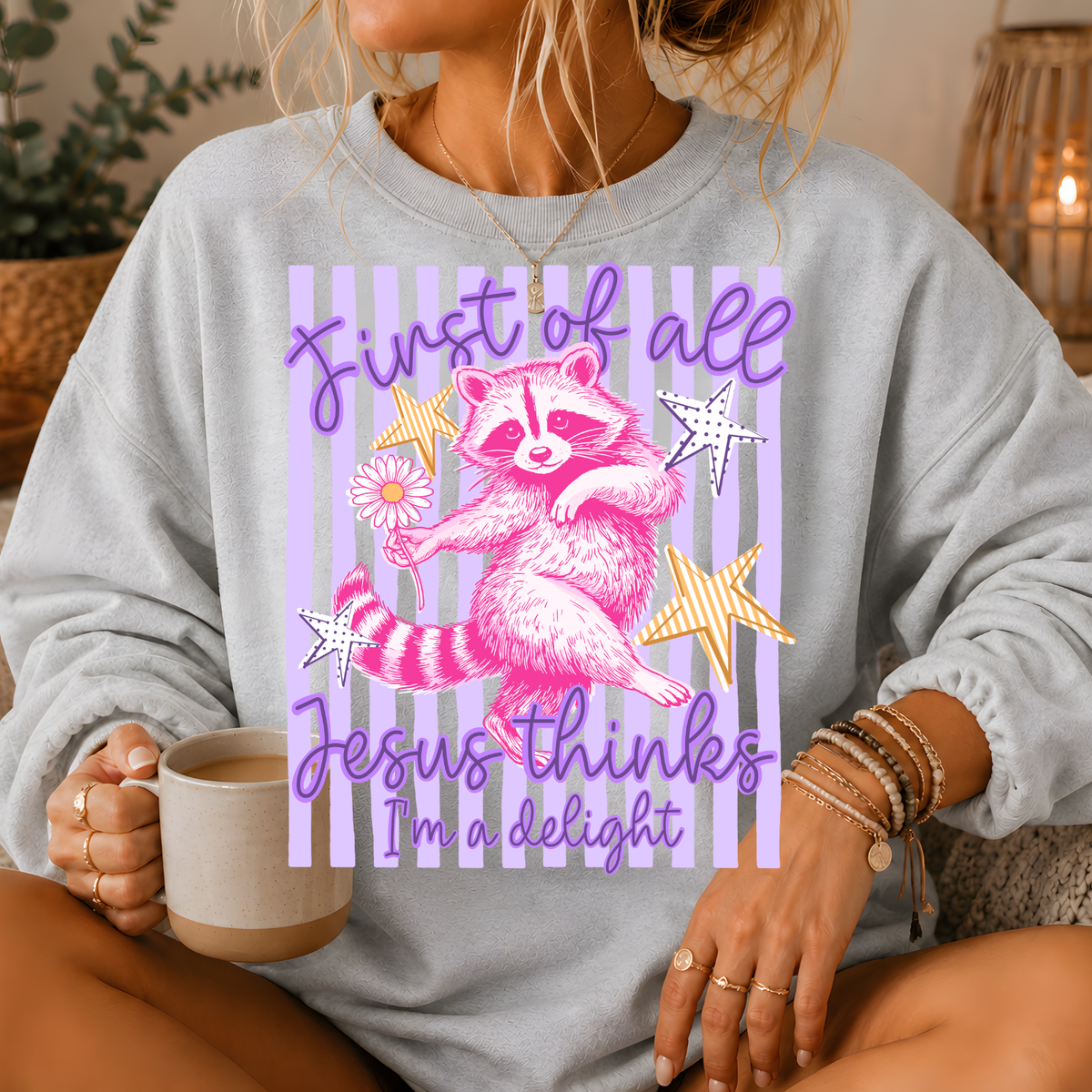 Jesus Thinks I'm a Delight Raccoon Crewneck Sweatshirt