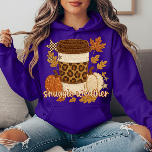 Snuggle Weather Faux Embroidery Coffee Hoodie Sweatshirt