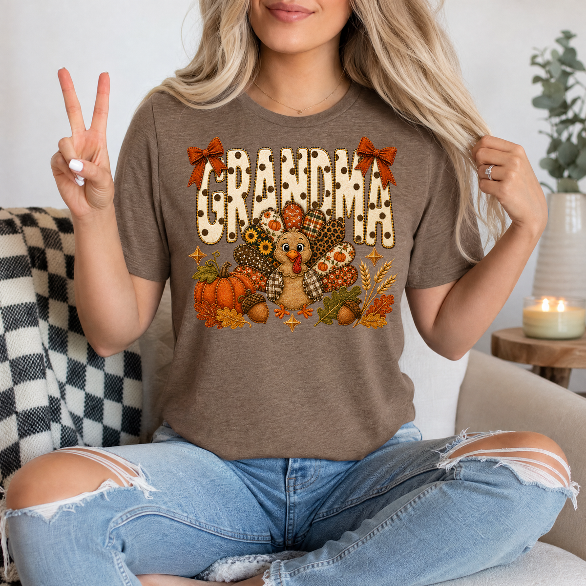 Grandma Thanksgiving Turkey & Bow Graphic Tee