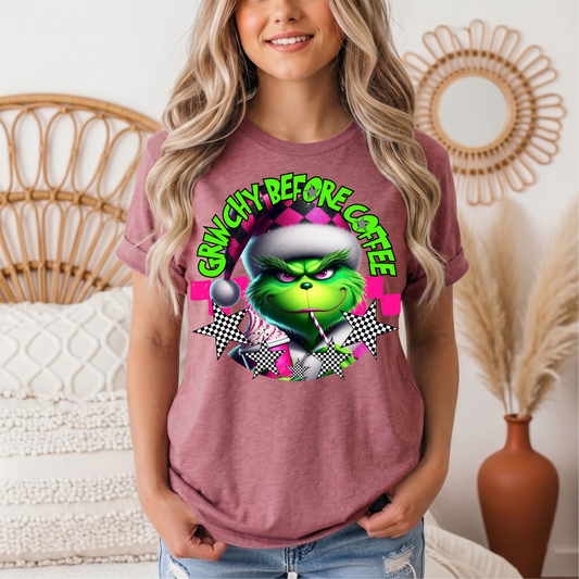 Grinchy Before Coffee Pink Checkerboard Christmas Graphic Tee