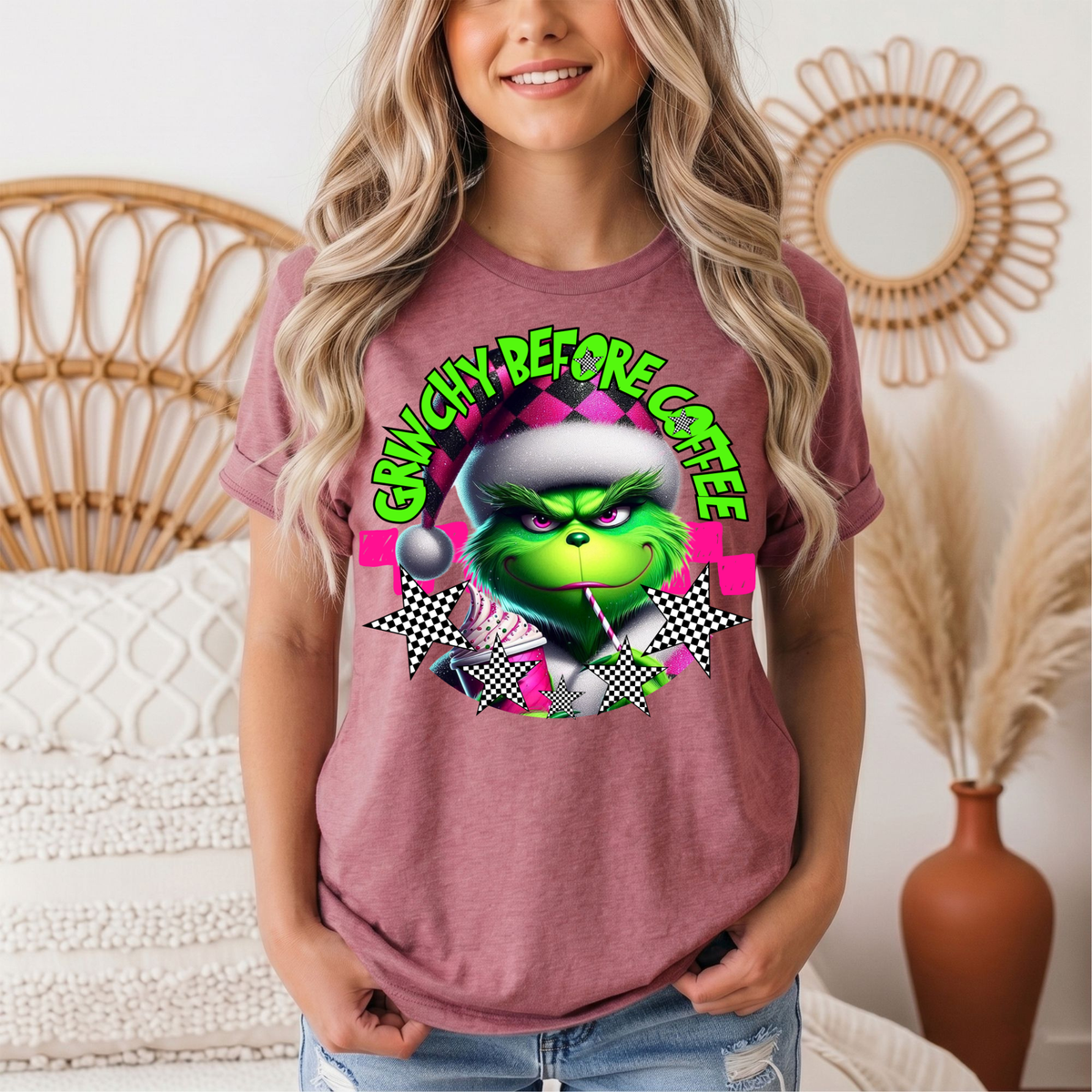 Grinchy Before Coffee Pink Checkerboard Christmas Graphic Tee