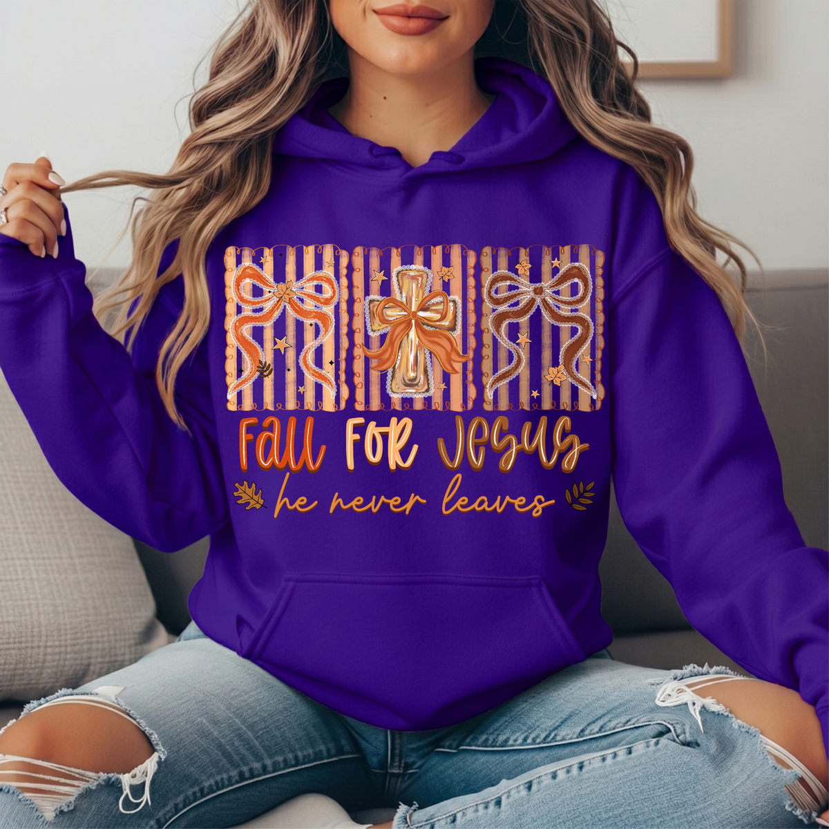 Fall for Jesus He Never Leaves Bow Cross Graphic Hoodie