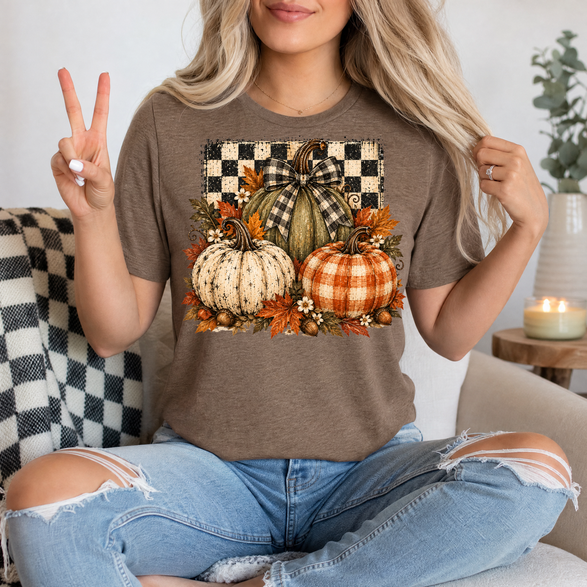 Rustic Fall Pumpkin Trio & Gingham Bow Graphic Tee