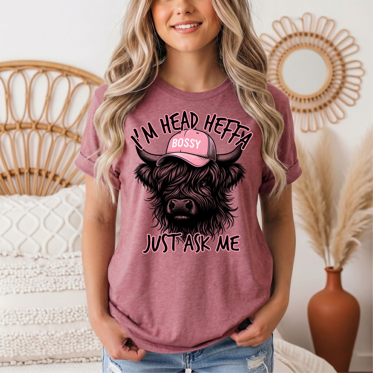 I'm Head Heffa Highland Cow Pink Bossy Cap Graphic Tee