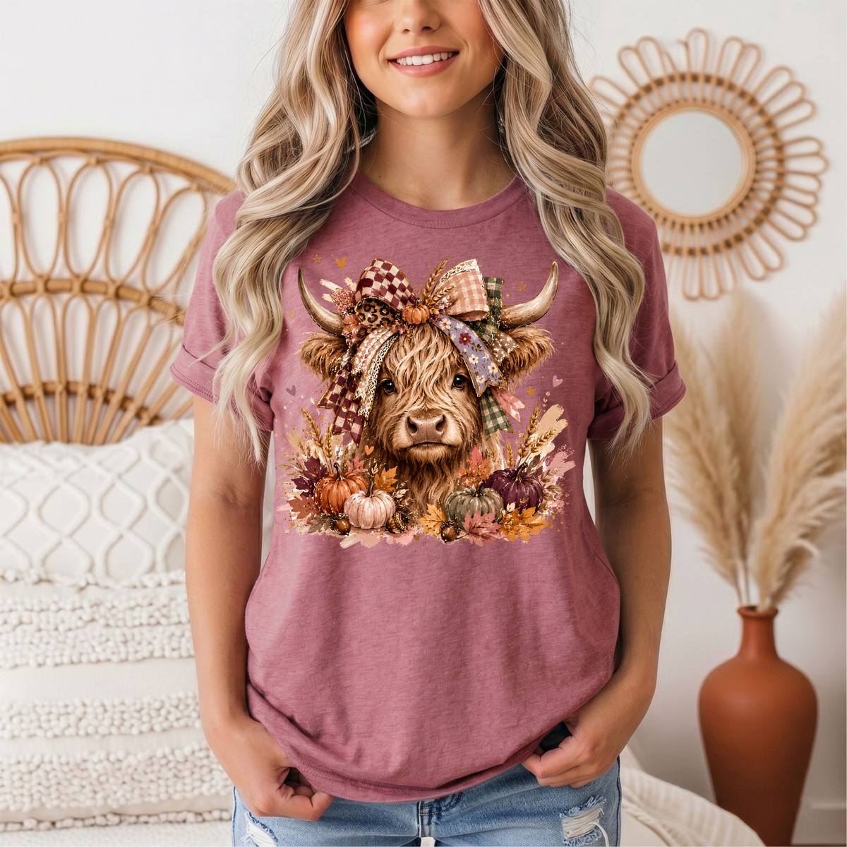 Fall Highland Cow Bow & Pumpkins Graphic Tee