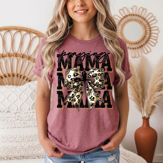 Praying Mama Leopard Bow & Cross Graphic Tee