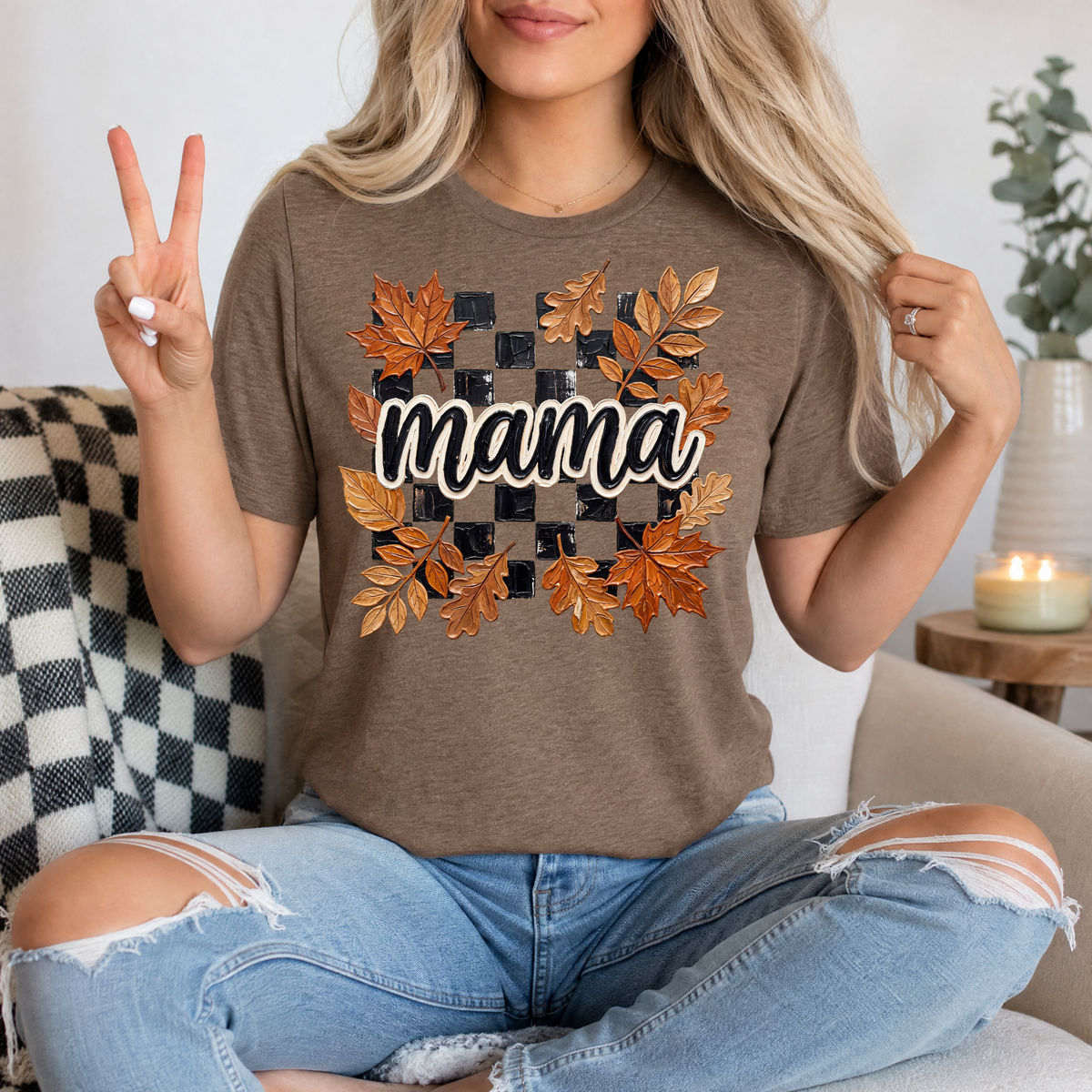 Mama Fall Leaves & Checkerboard Graphic Tee