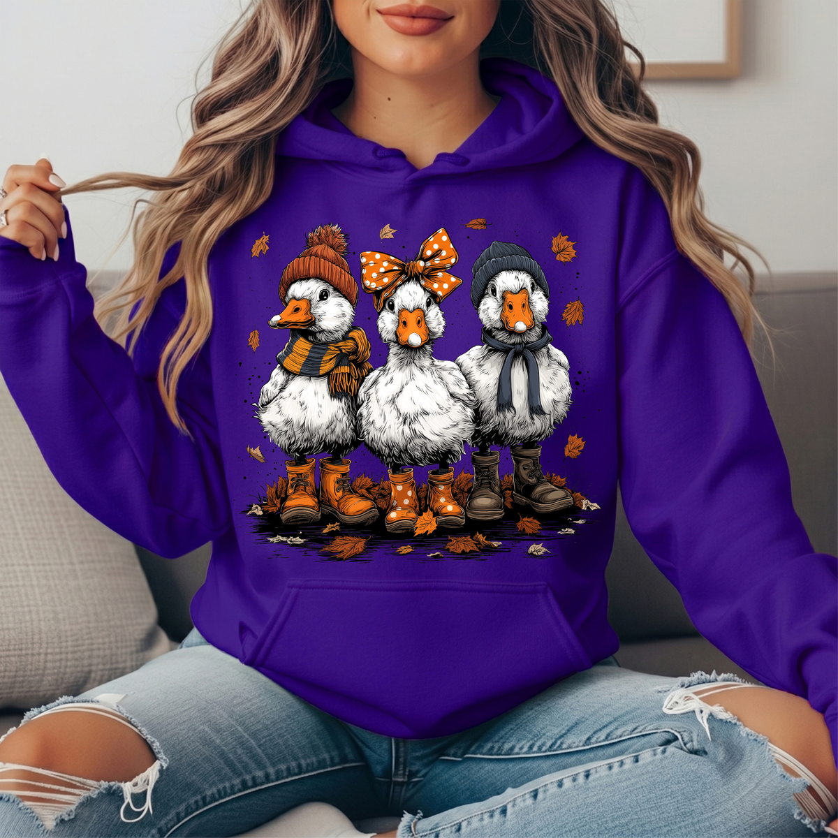 Fall Ducks in Boots & Orange Bow Graphic Hoodie