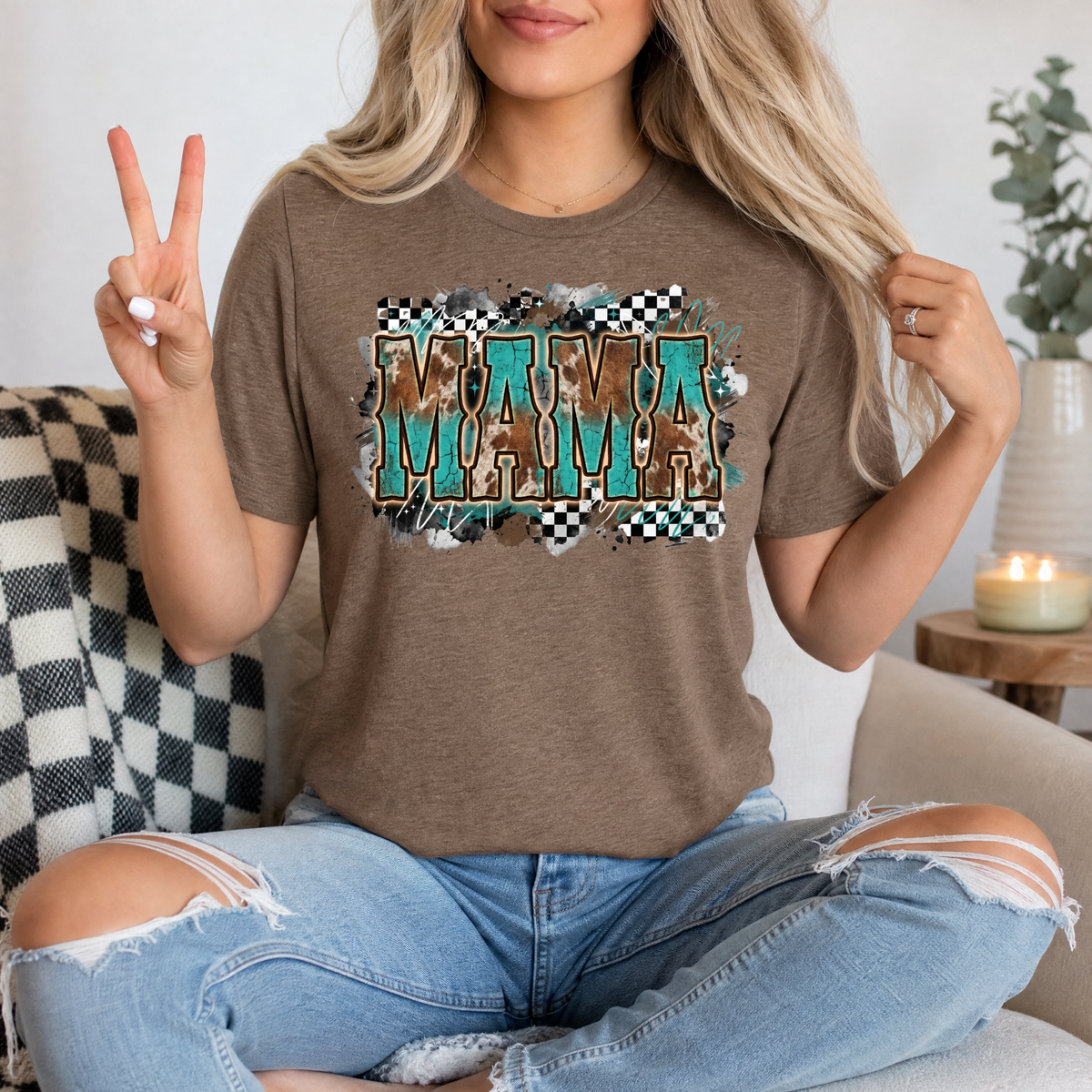 Western Mama Turquoise & Checkerboard Graphic Tee