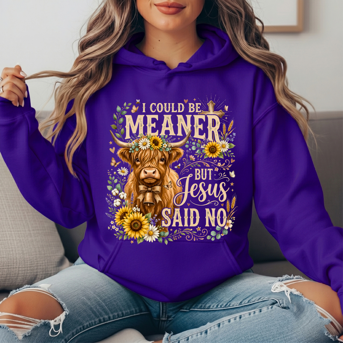 I Could Be Meaner But Jesus Said No Highland Cow Hoodie