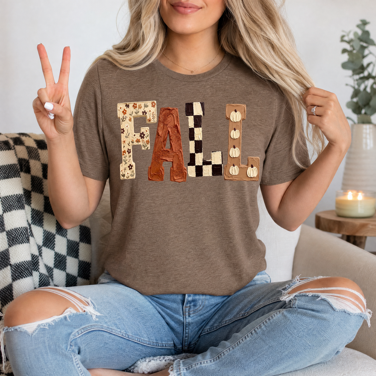 Fall Floral, Checkerboard & Pumpkin Graphic Tee
