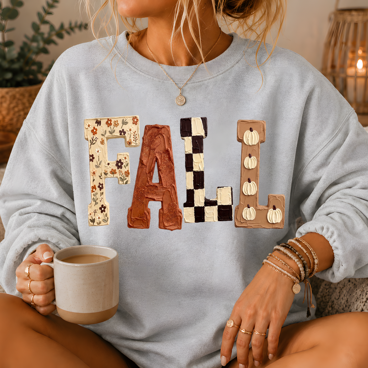 Fall Patchwork Print Crewneck Sweatshirt