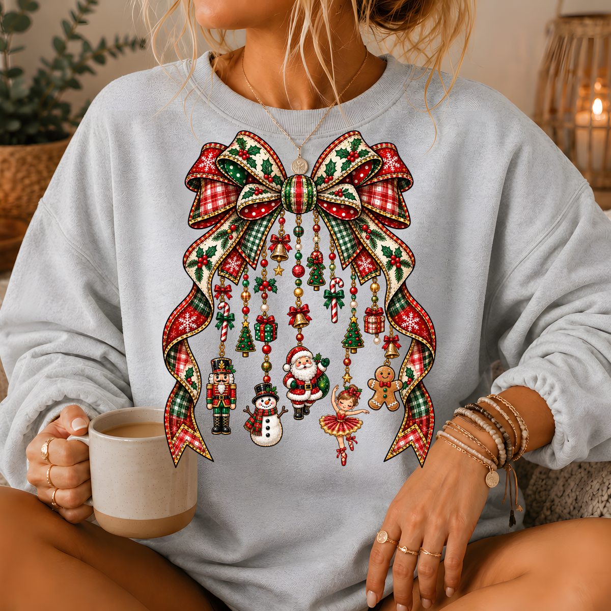 Christmas Plaid Bow Holiday Charms Crewneck Sweatshirt