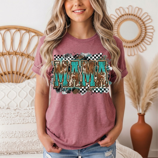 Turquoise & Cow Print Mama Western Graphic Tee