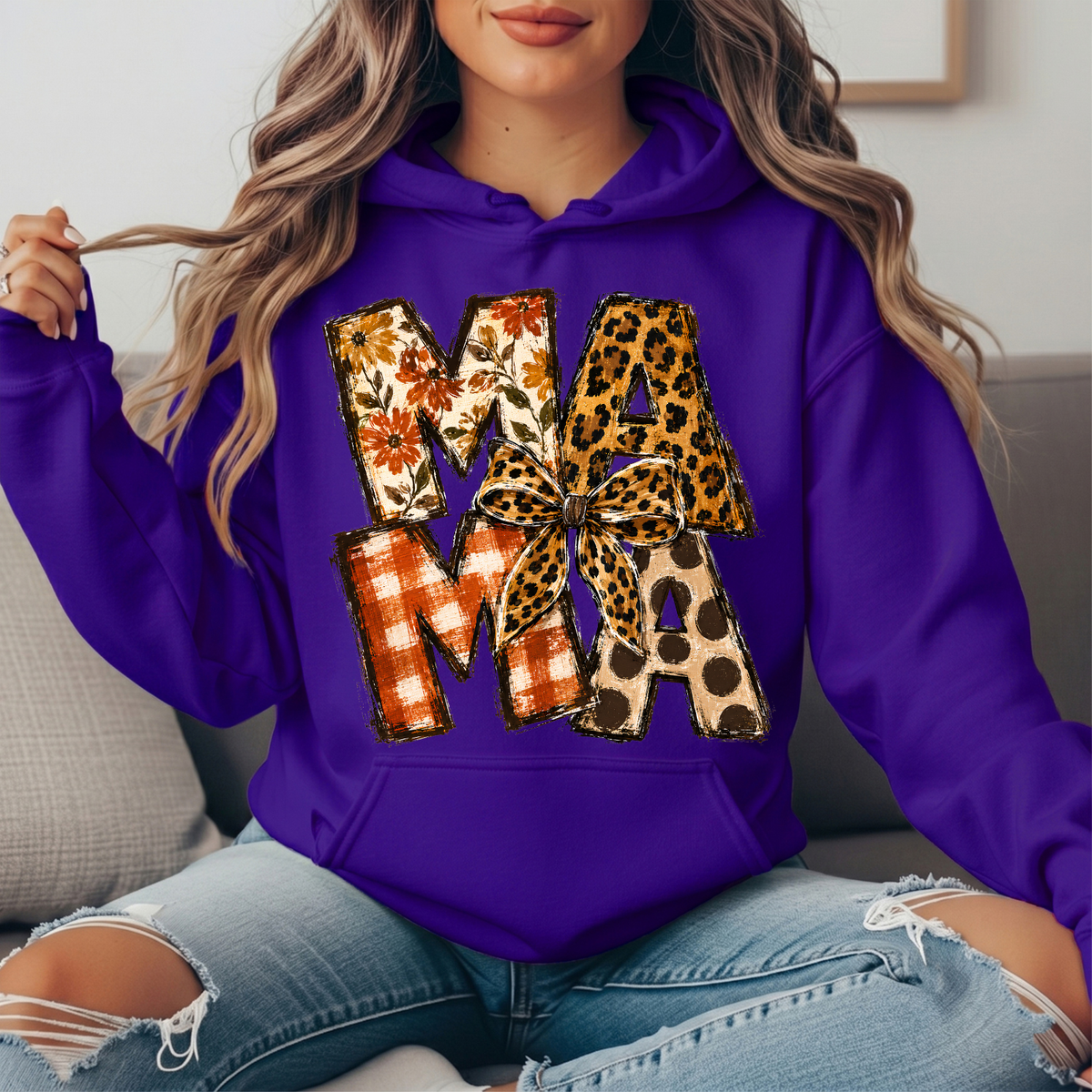 Mama Fall Patchwork & Leopard Bow Graphic Hoodie