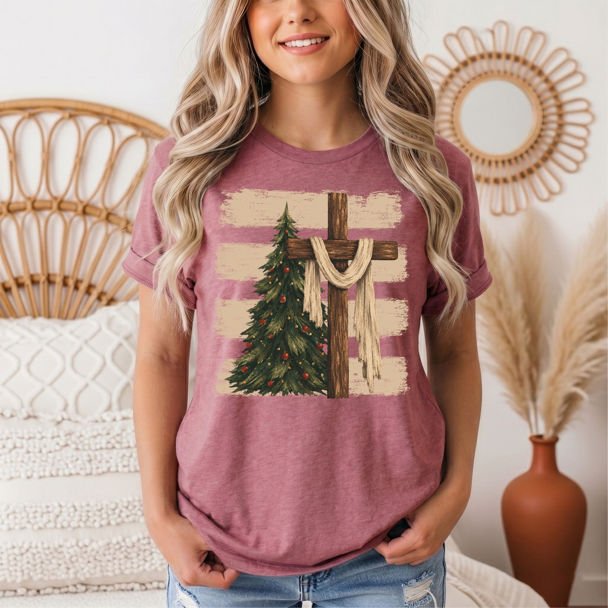 Rustic Cross & Christmas Tree Christian Graphic Tee