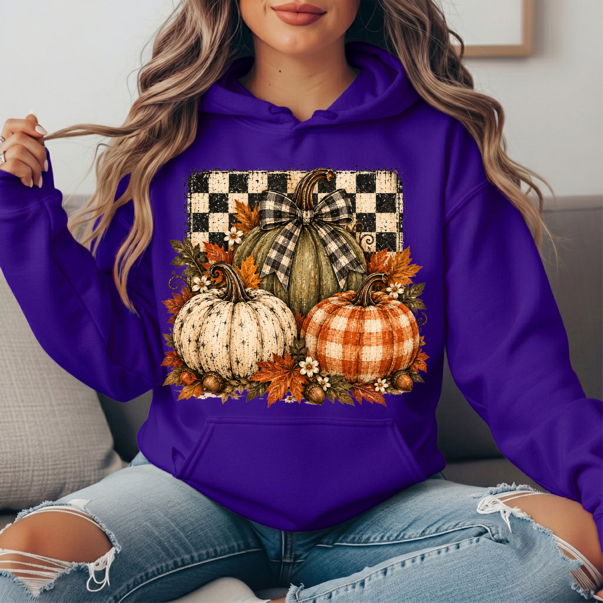 Rustic Fall Pumpkins Buffalo Check Bow Graphic Hoodie