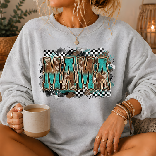 Mama Turquoise Cow Print Western Crewneck Sweatshirt