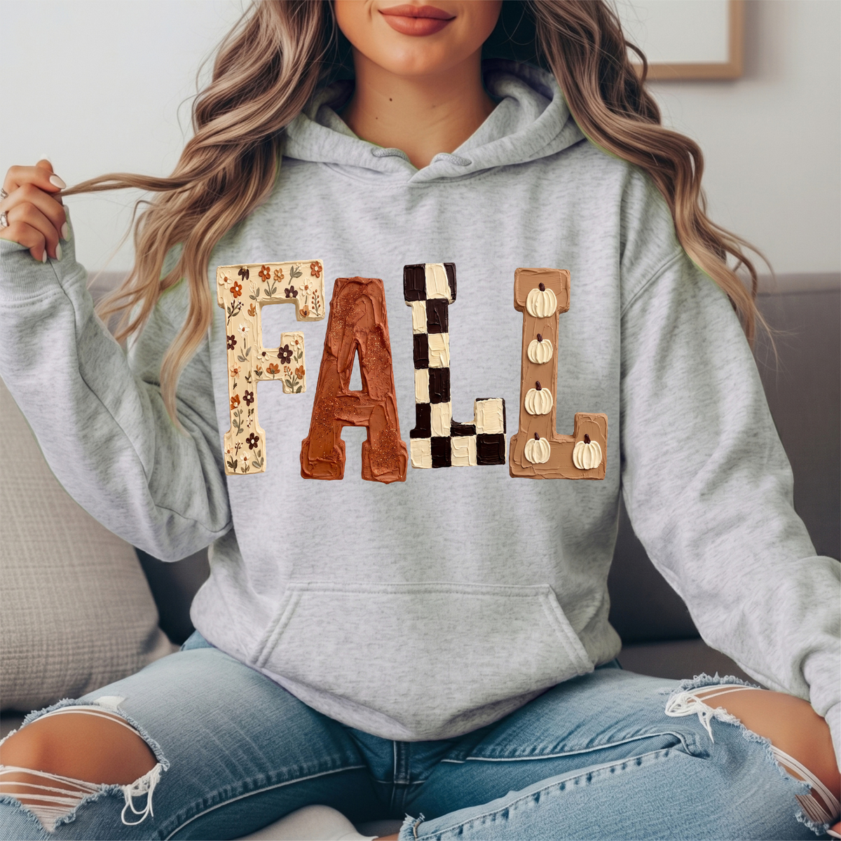 Fall Floral Checkerboard Pumpkin Lettering Graphic Hoodie