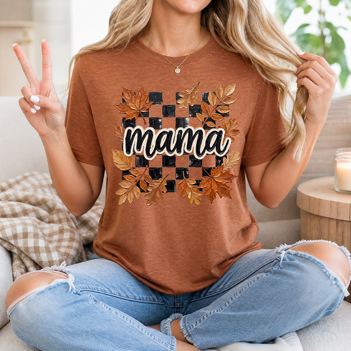 Mama Fall Leaves & Checkerboard Graphic Tee