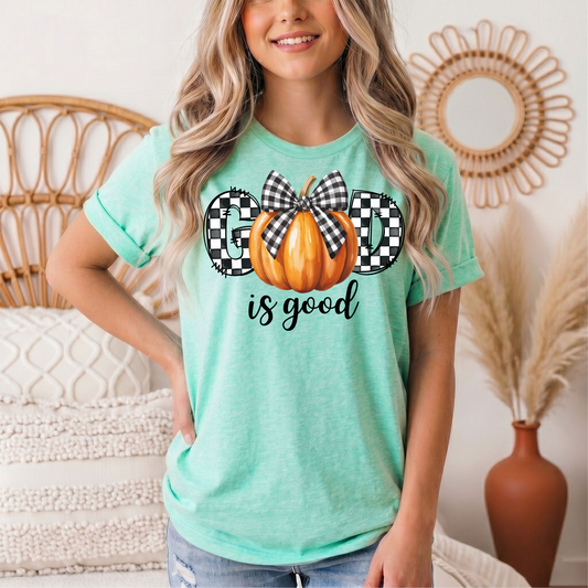 God Is Good Pumpkin & Gingham Bow Graphic Tee