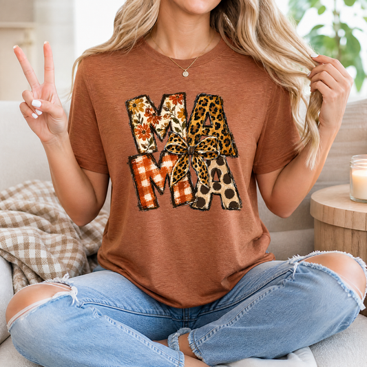 Fall Mama Floral & Leopard Bow Graphic Tee
