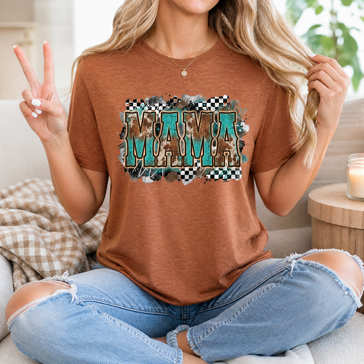 Western Mama Turquoise & Checkerboard Graphic Tee