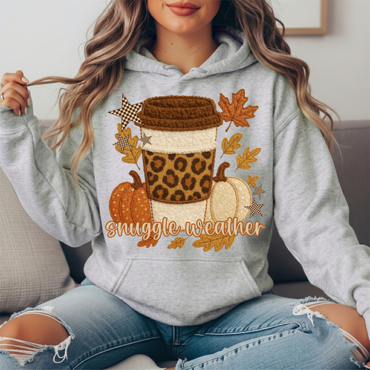 Snuggle Weather Faux Embroidery Coffee Hoodie Sweatshirt