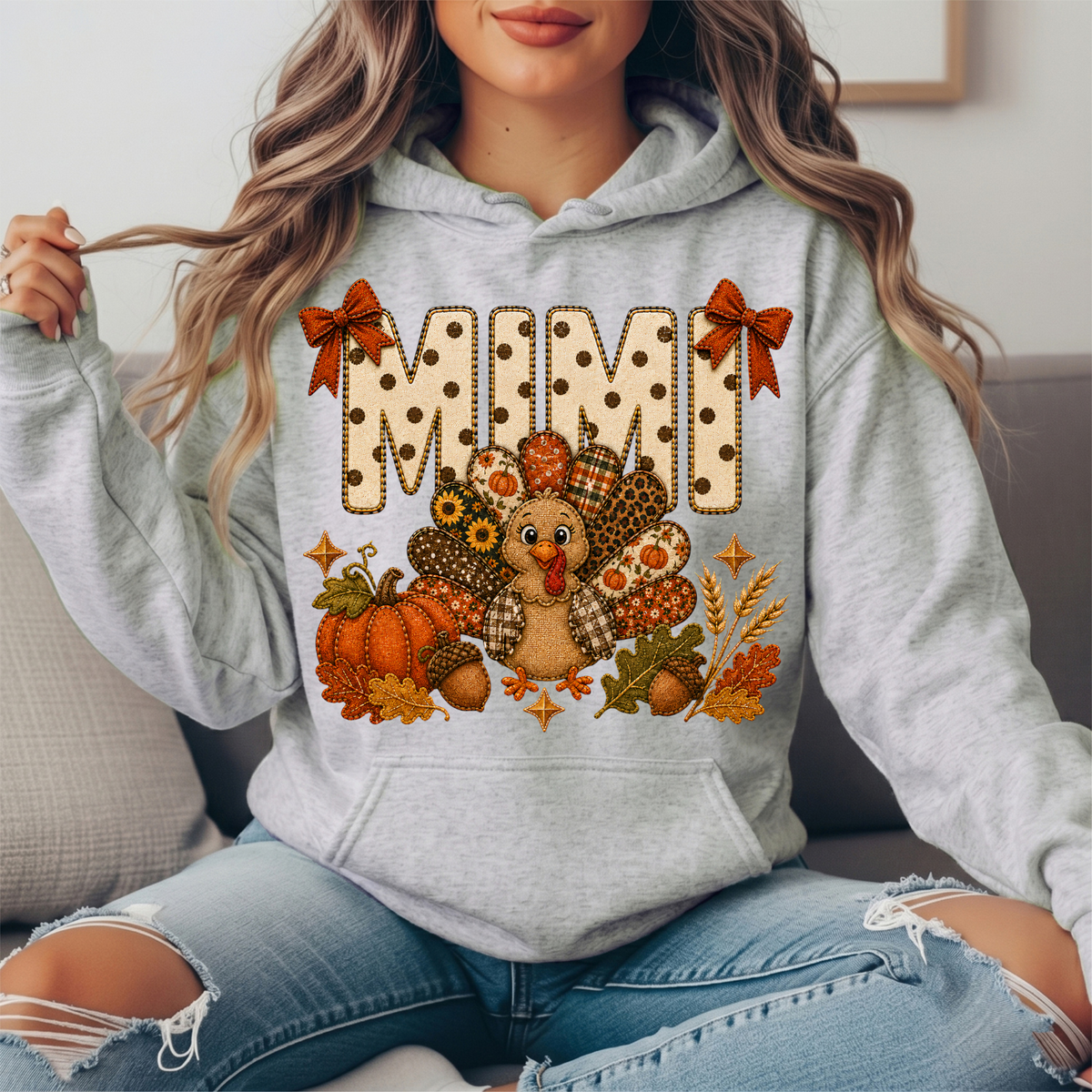 Mimi Thanksgiving Turkey & Rust Bows Graphic Hoodie