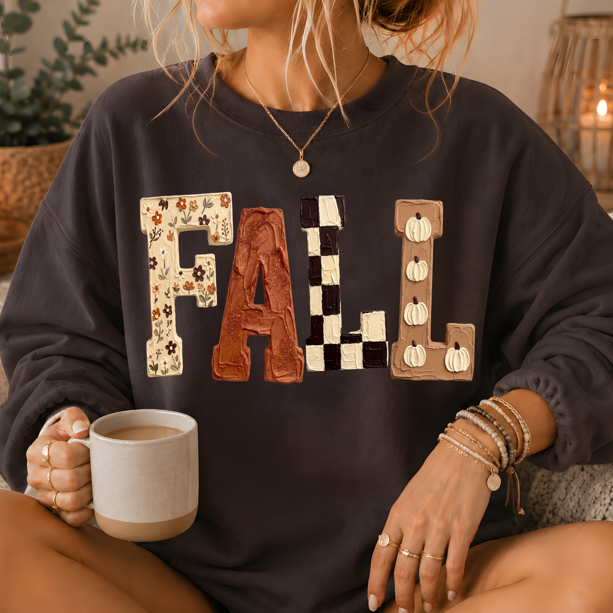Fall Patchwork Print Crewneck Sweatshirt