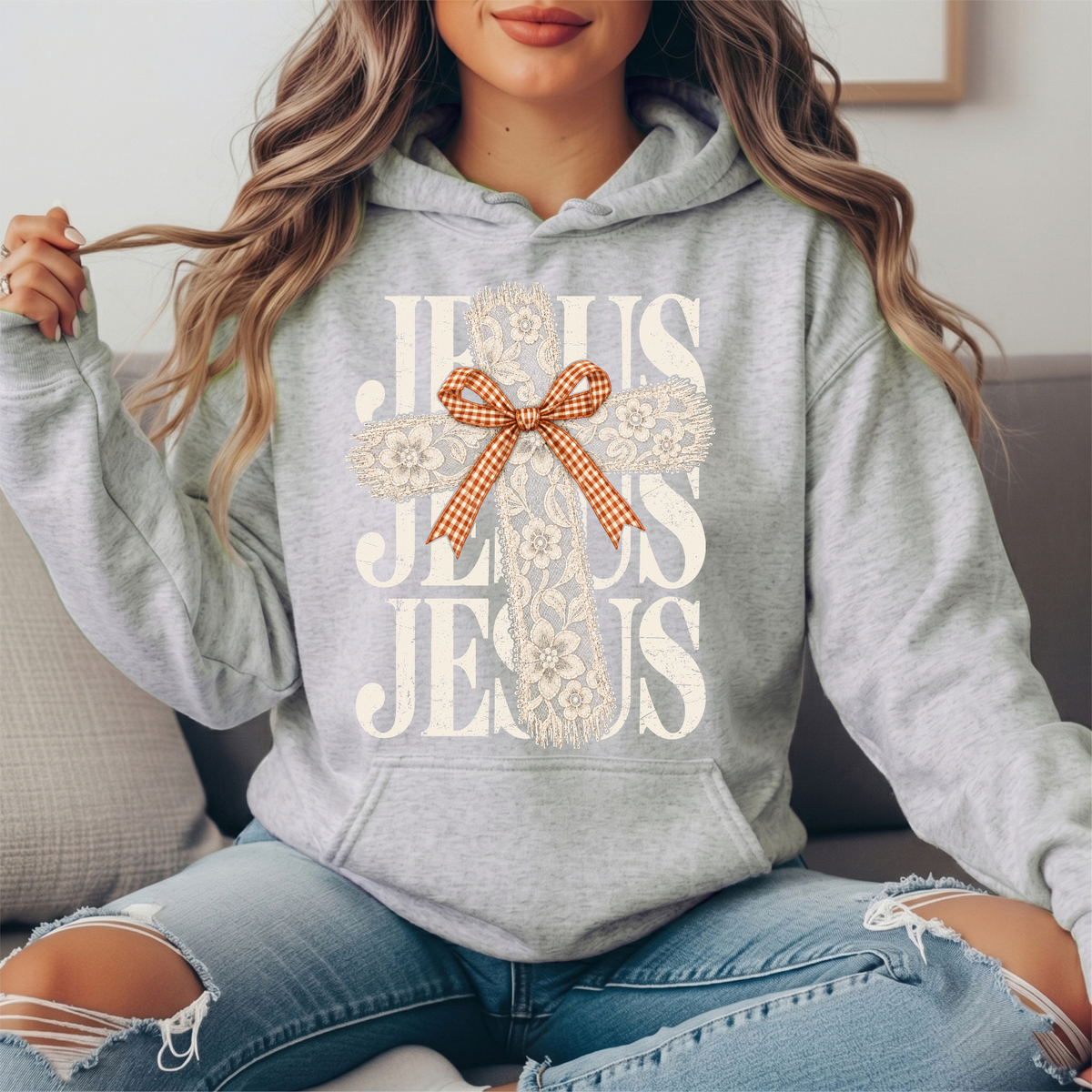 Jesus Floral Lace Cross & Gingham Bow Graphic Hoodie