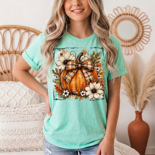 Fall Pumpkin Floral & Plaid Bow Graphic Tee