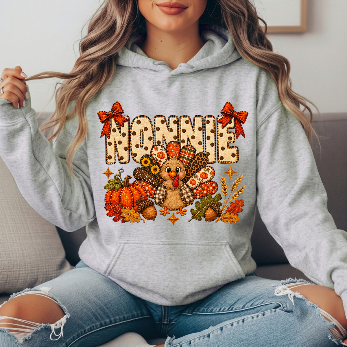 Nonnie Thanksgiving Patchwork Turkey Bow Graphic Hoodie