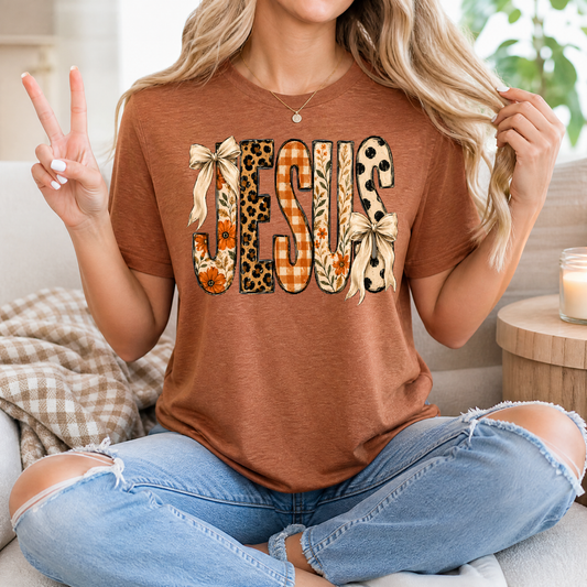 Jesus Floral, Leopard & Gingham Bow Graphic Tee