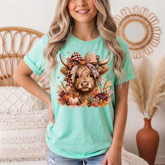 Fall Highland Cow Bow & Pumpkins Graphic Tee