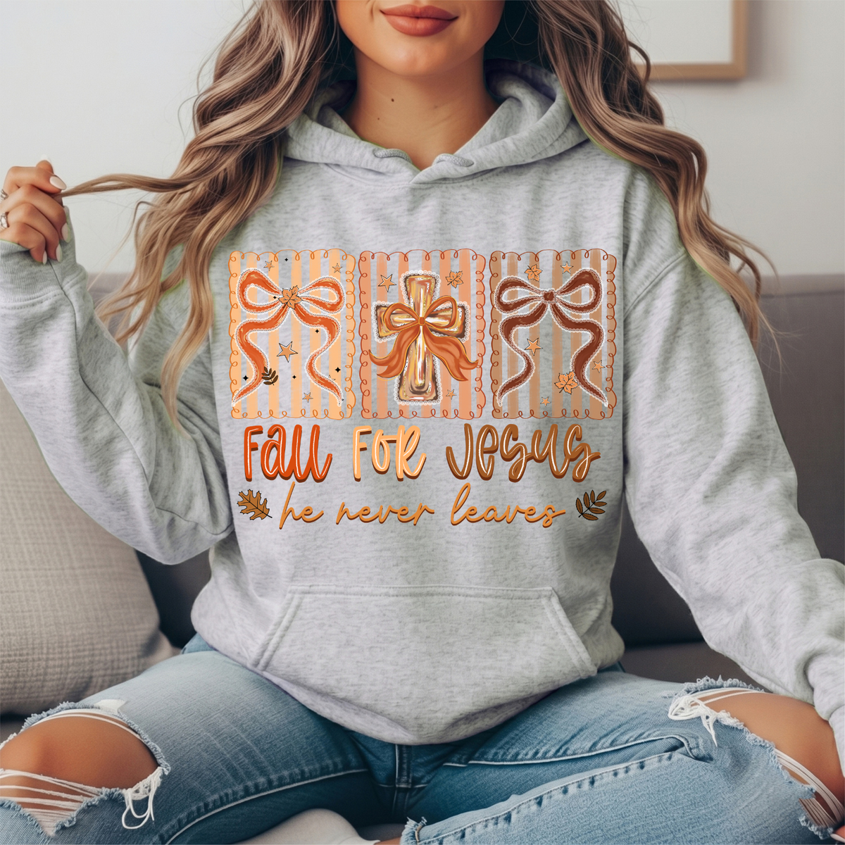 Fall for Jesus He Never Leaves Bow Cross Graphic Hoodie