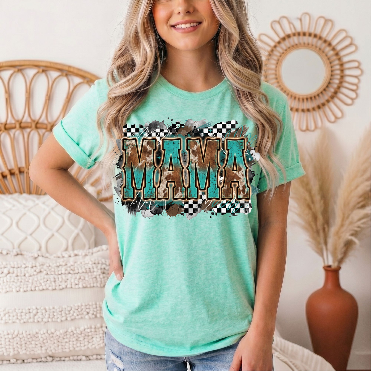 Turquoise & Cow Print Mama Western Graphic Tee