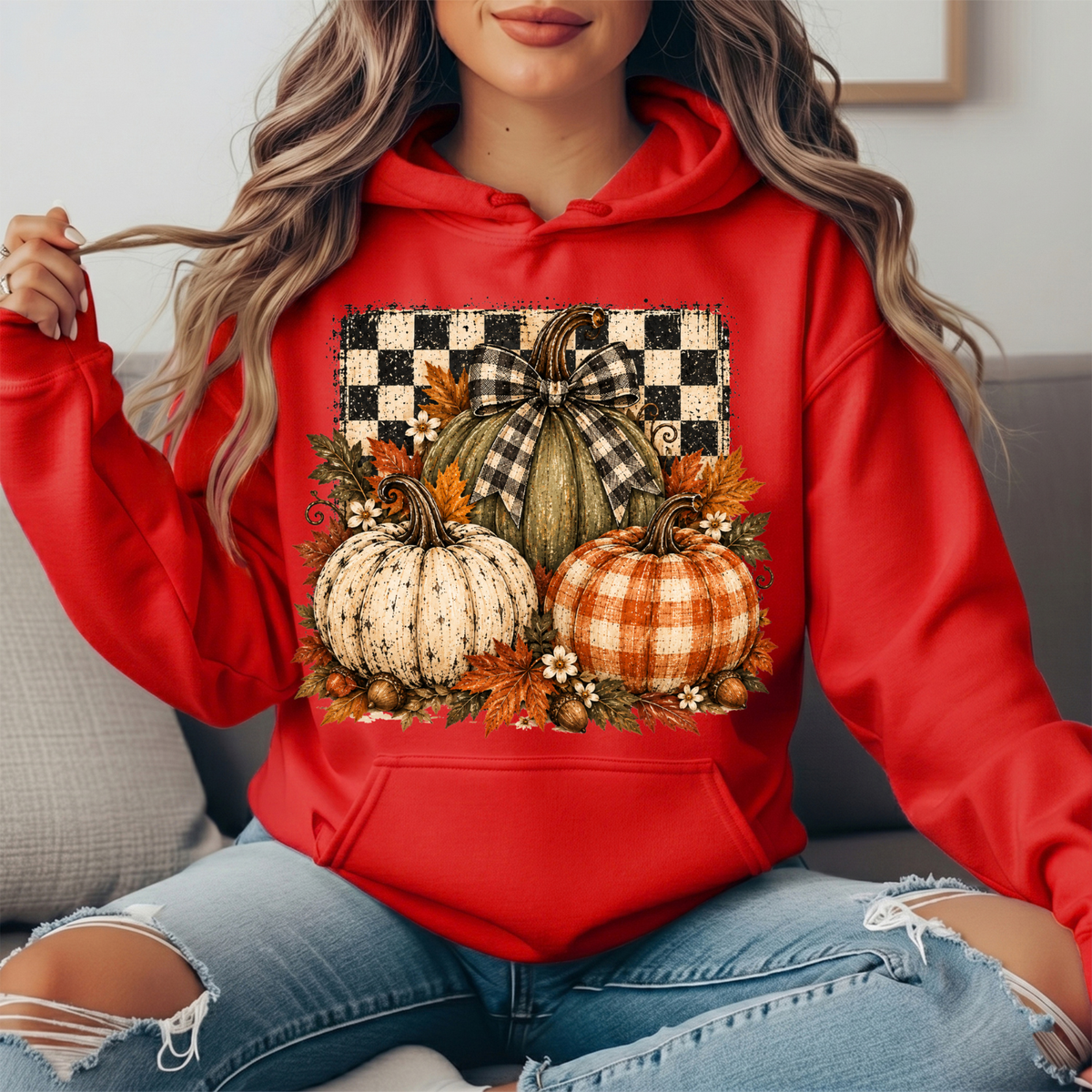 Rustic Fall Pumpkins Buffalo Check Bow Graphic Hoodie